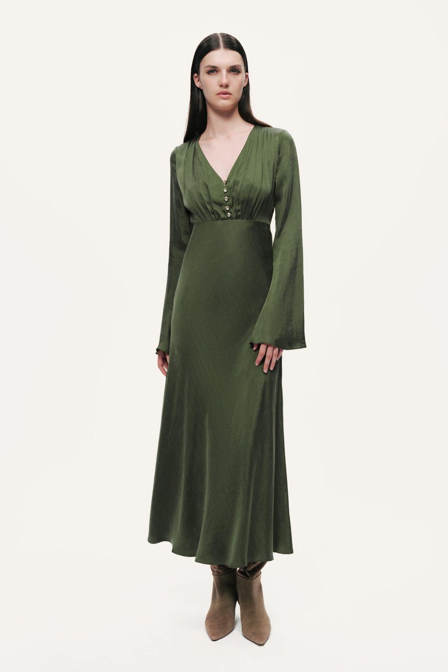 Crystal-Button V-Neck Maxi Dress