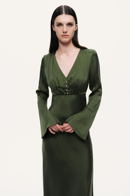 Crystal-Button V-Neck Maxi Dress