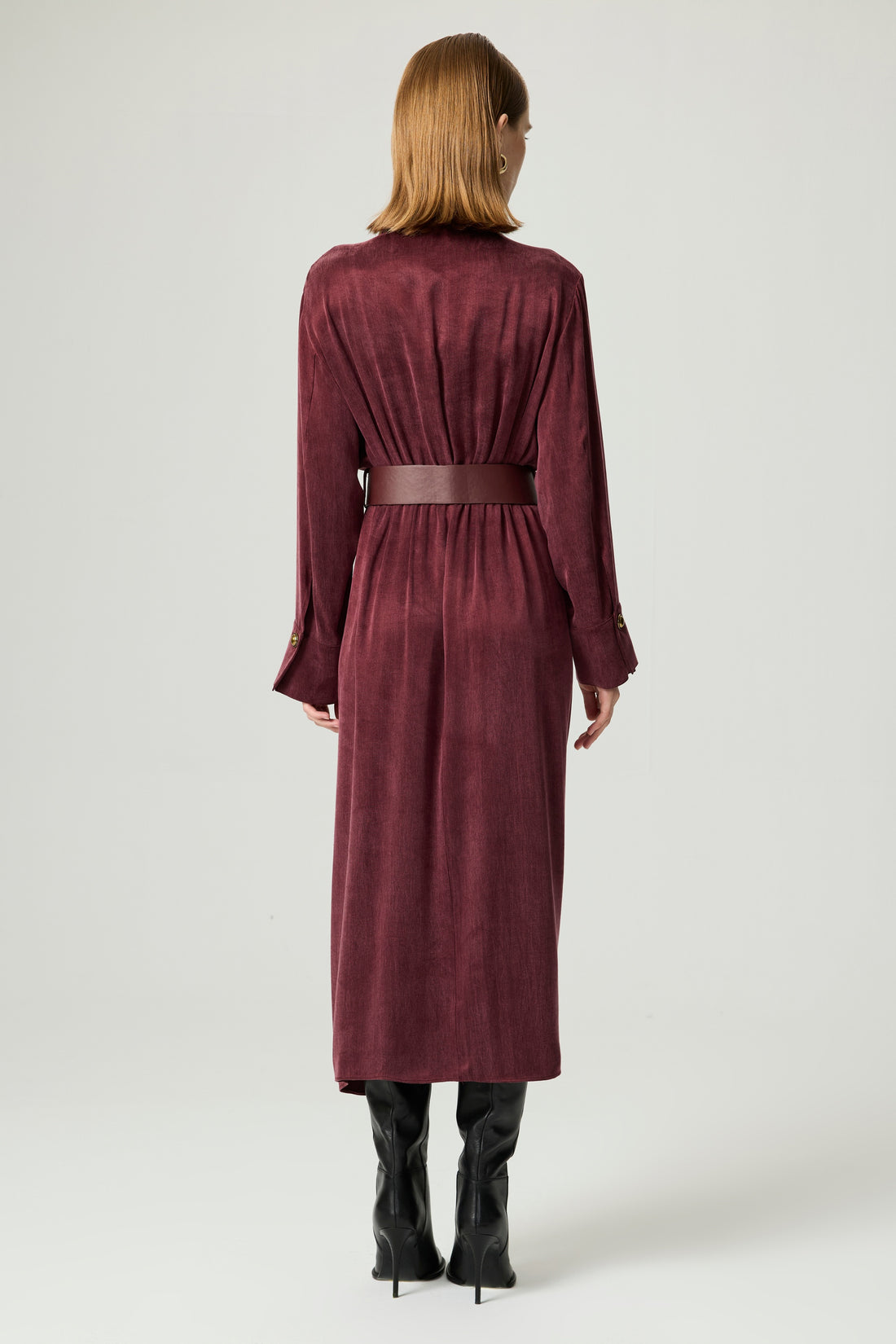 Belted Draped Shirt-Collar Maxi Dress