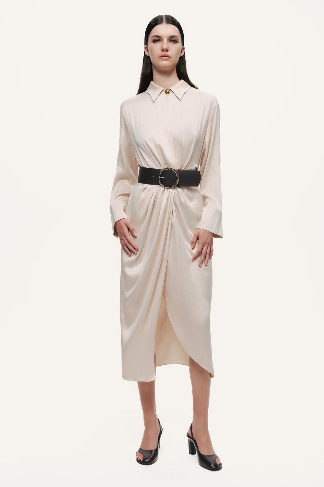 Belted Draped Shirt-Collar Maxi Dress
