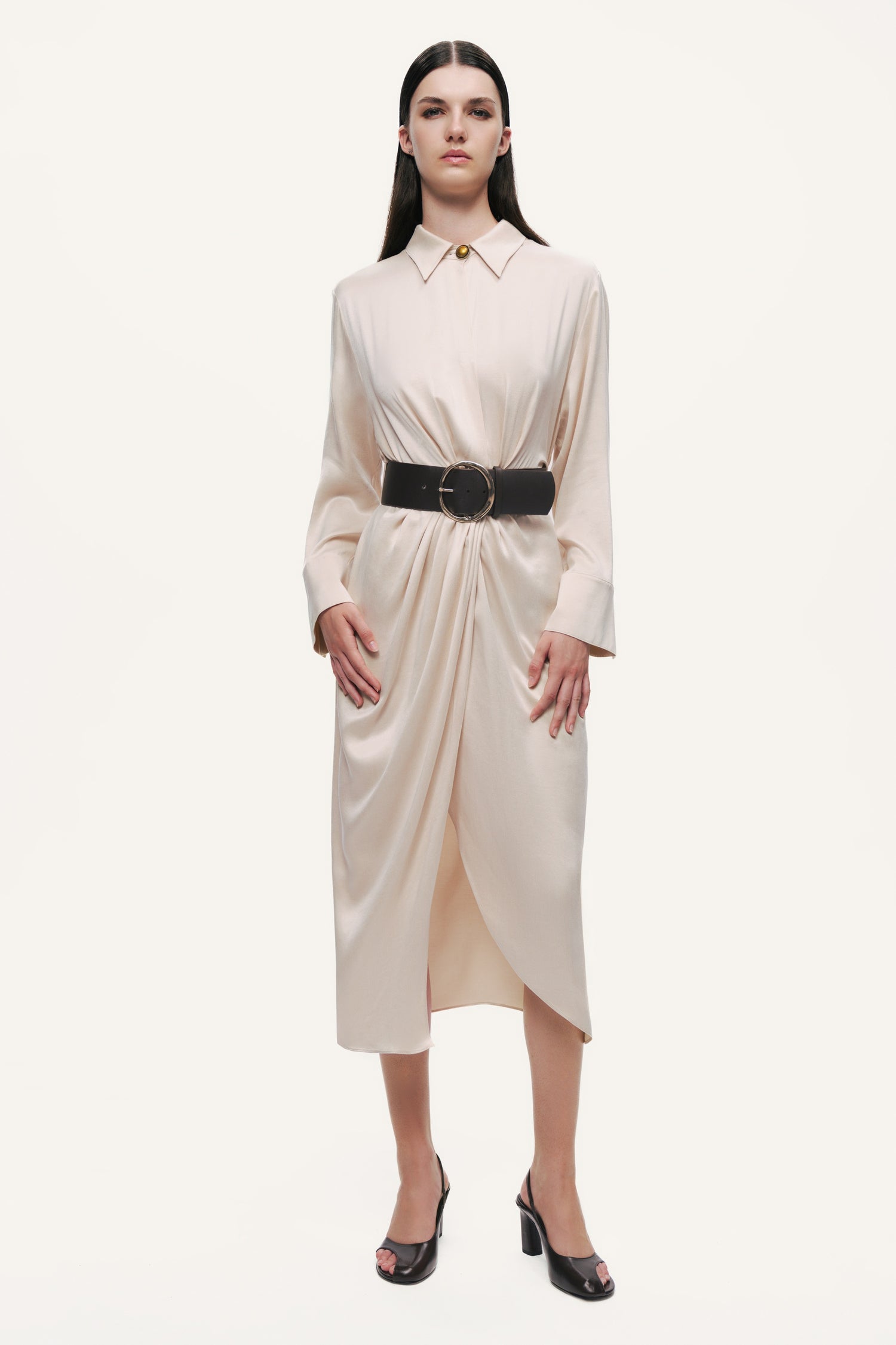 Belted Draped Shirt-Collar Maxi Dress