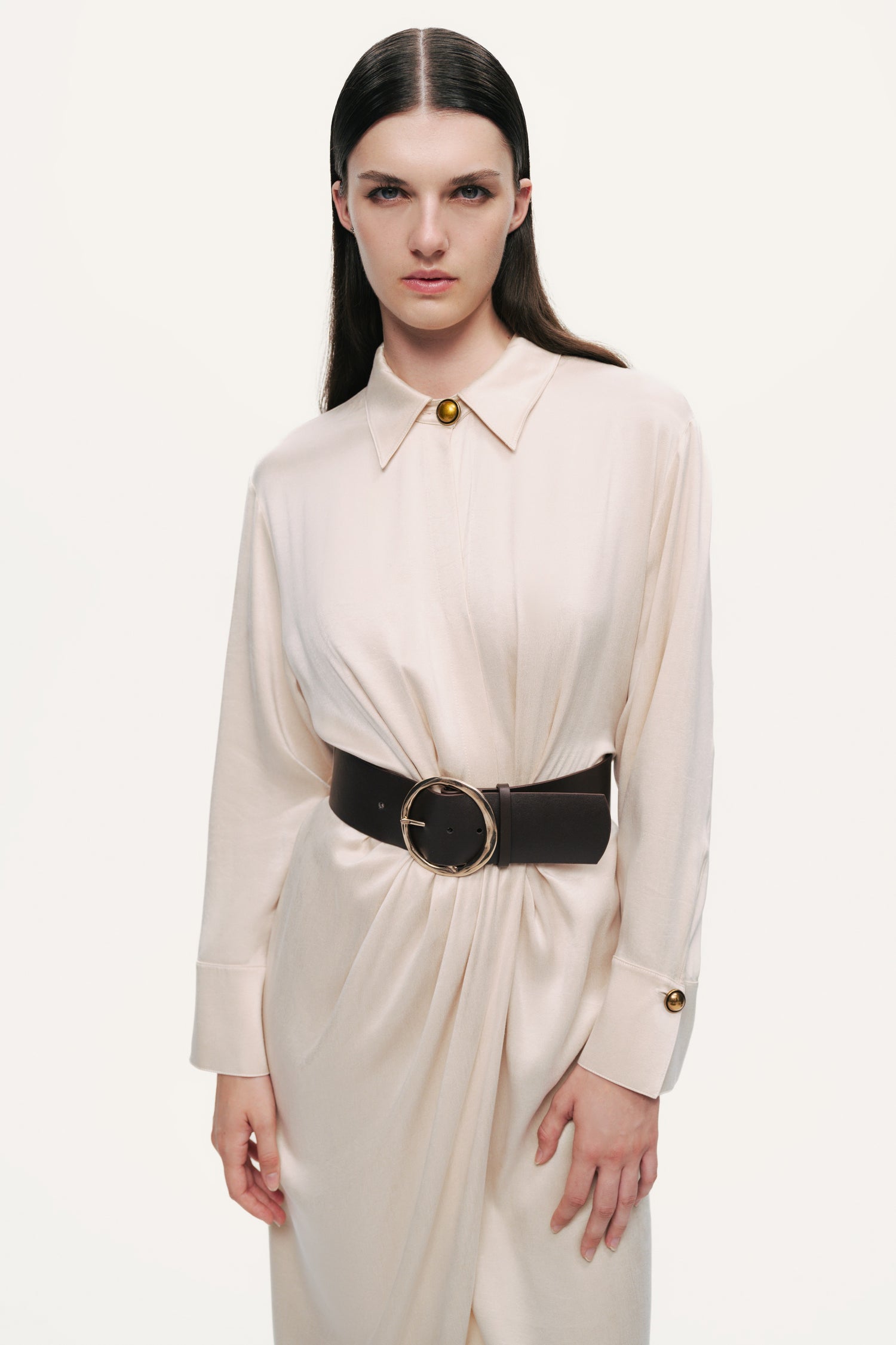 Belted Draped Shirt-Collar Maxi Dress