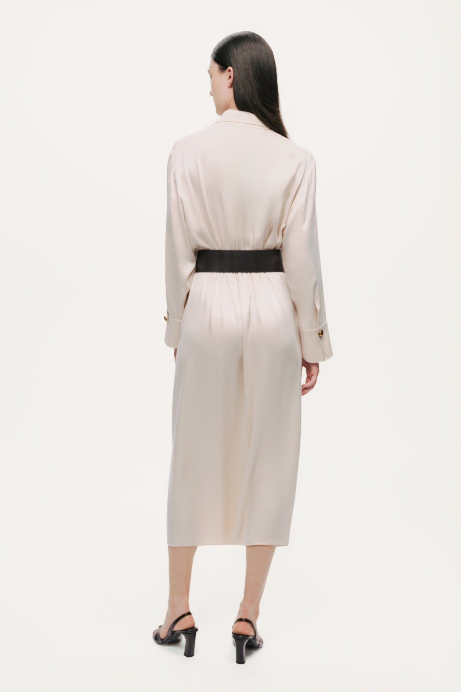 Belted Draped Shirt-Collar Maxi Dress