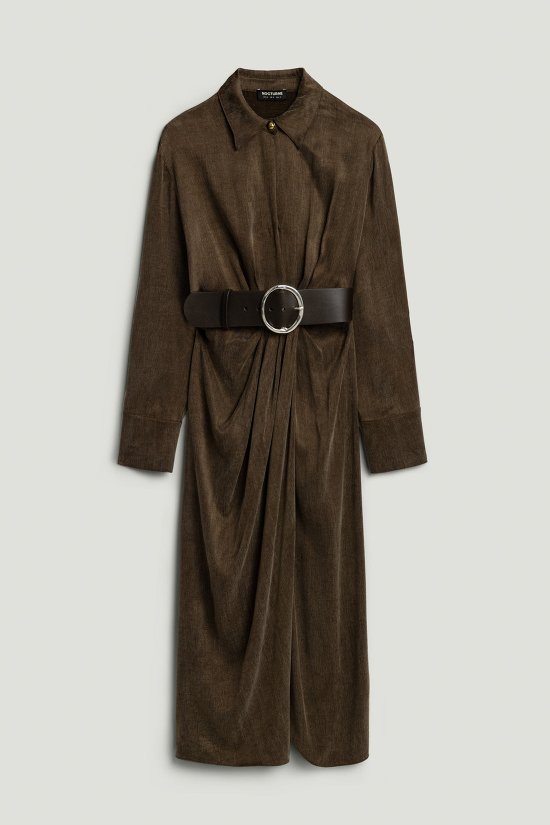 Belted Draped Shirt-Collar Maxi Dress