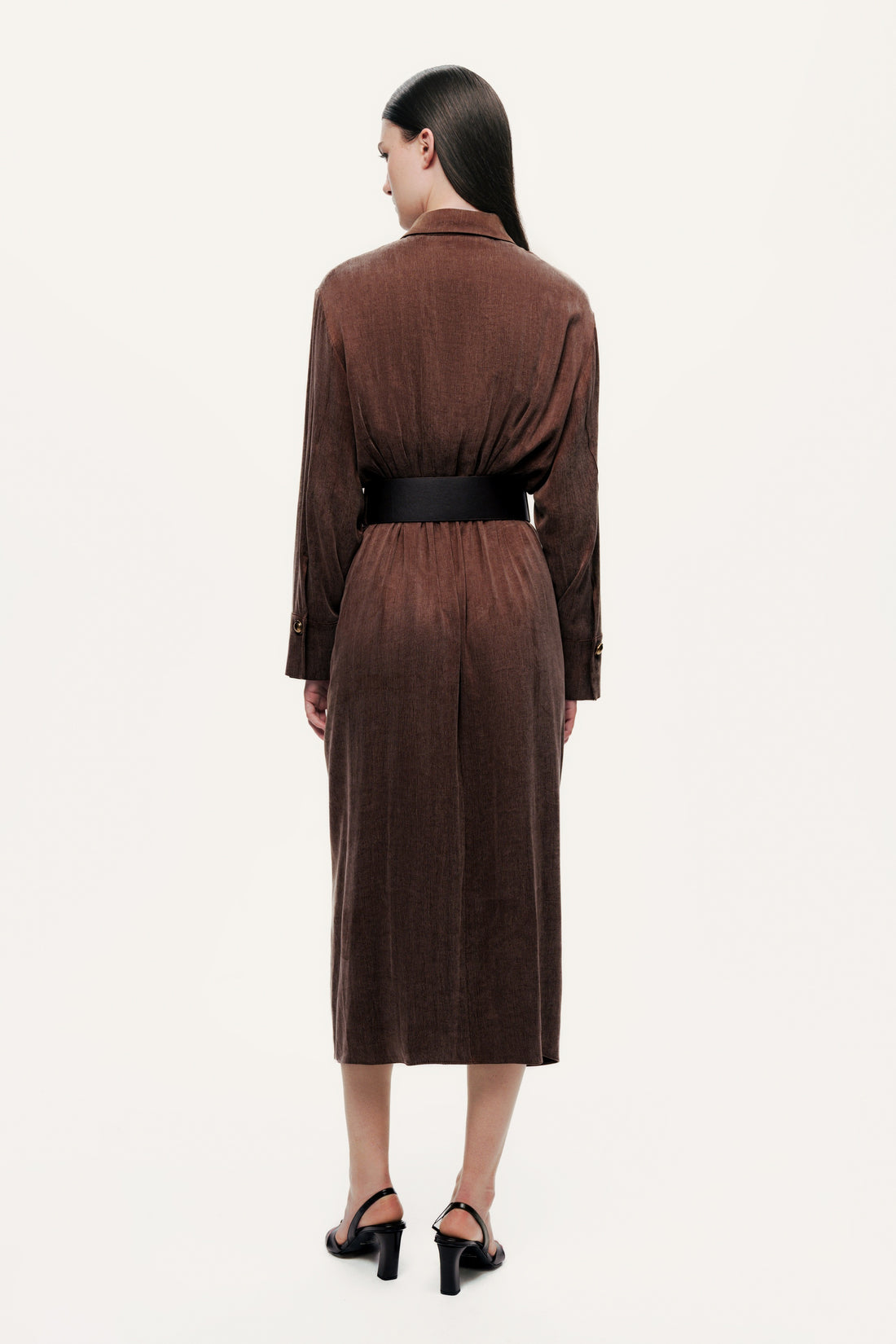 Belted Draped Shirt-Collar Maxi Dress