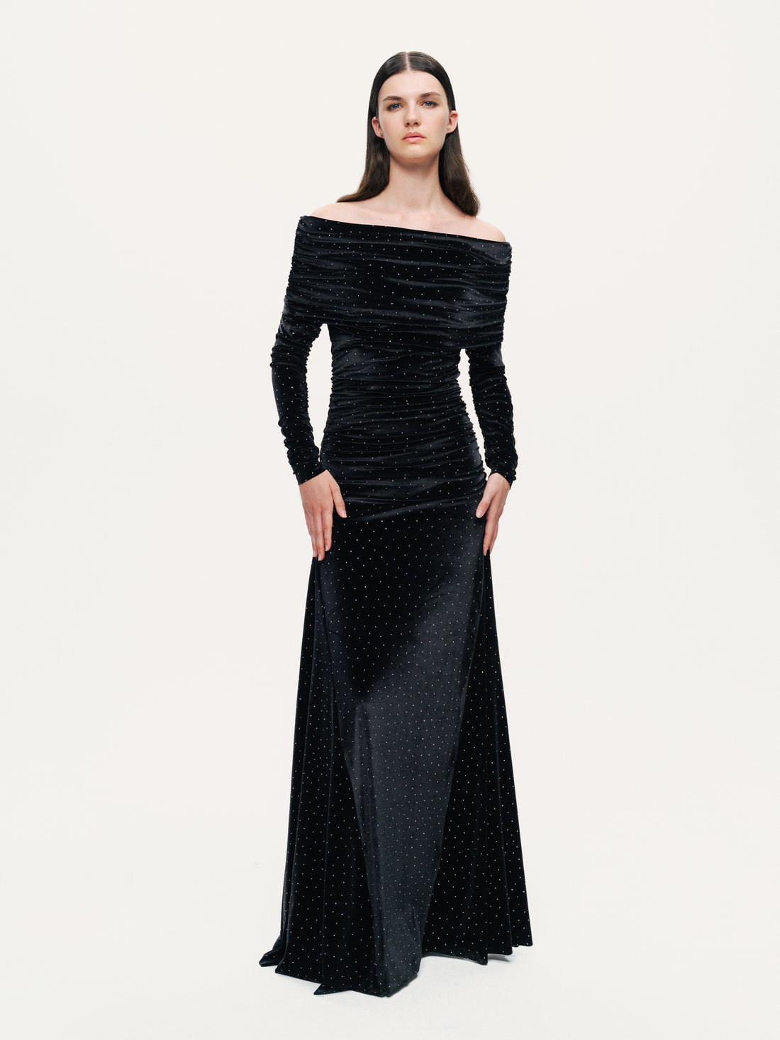 Off-Shoulder Velvet Maxi Dress with Rhinestone Detail