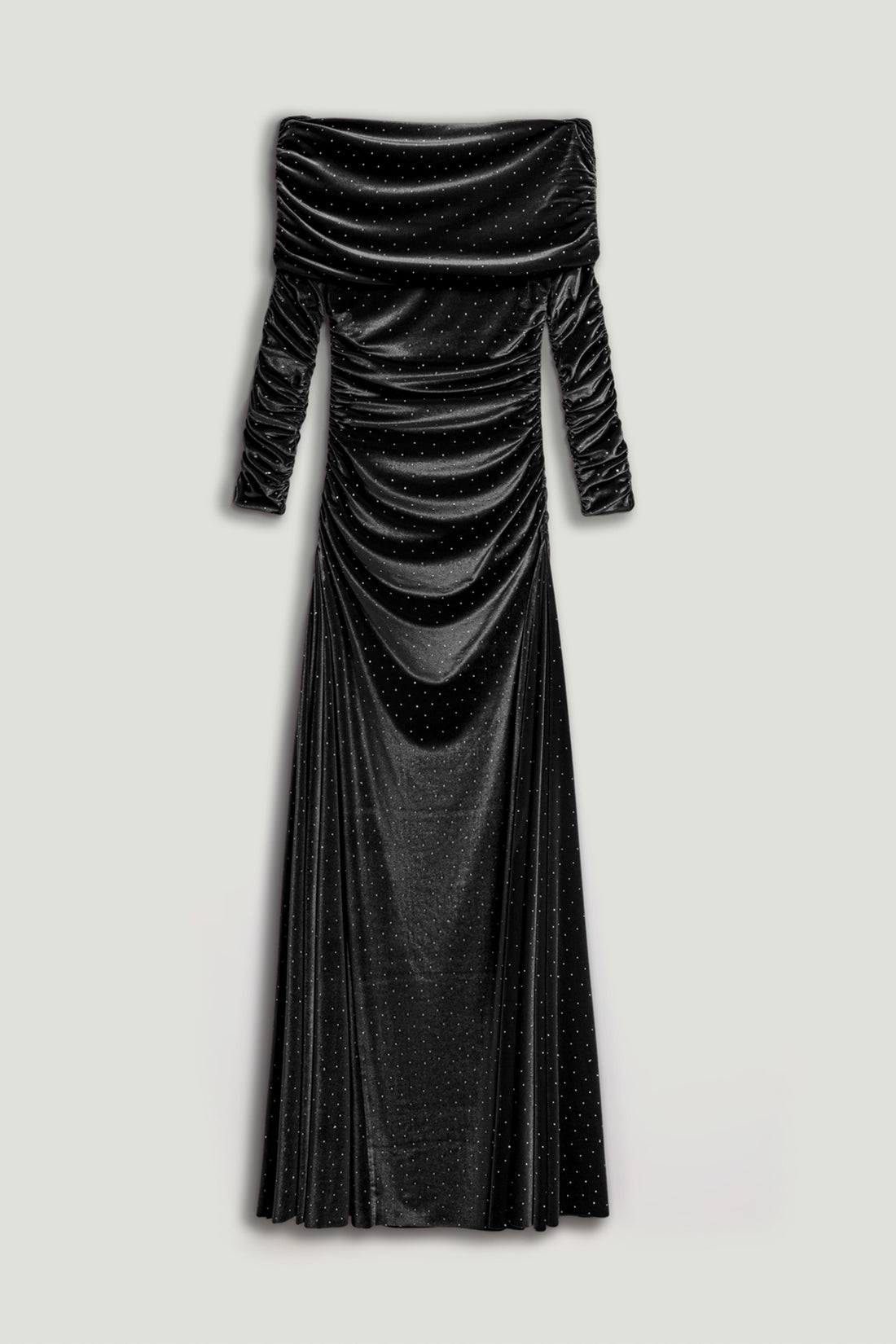 Off-Shoulder Velvet Maxi Dress with Rhinestone Detail