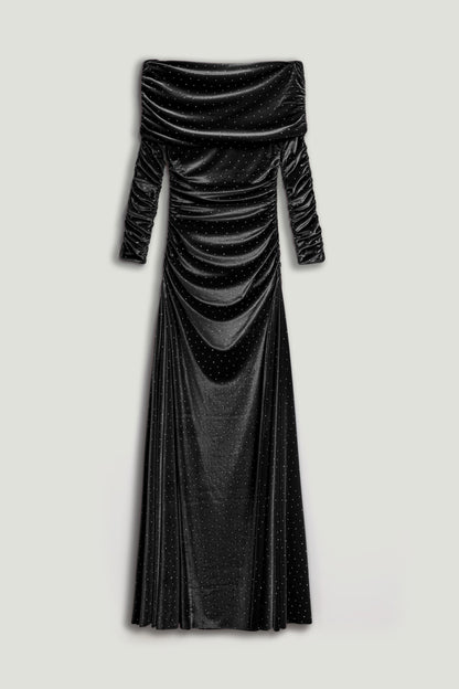 Off-Shoulder Velvet Maxi Dress with Rhinestone Detail