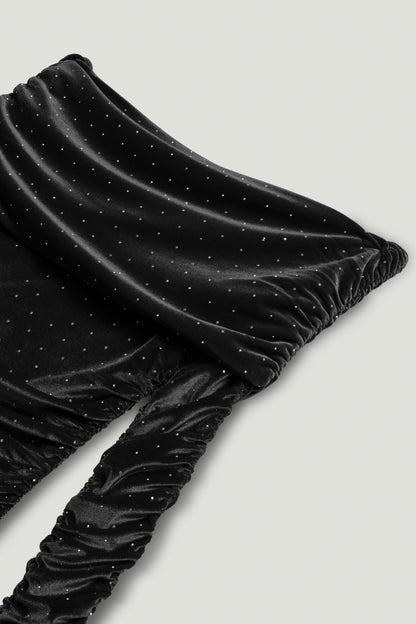 Off-Shoulder Velvet Maxi Dress with Rhinestone Detail