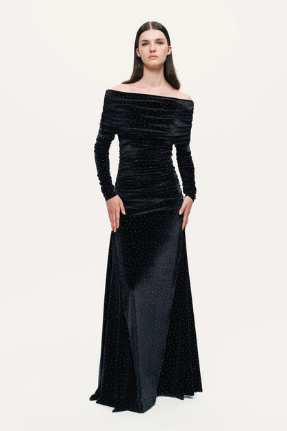 Off-Shoulder Velvet Maxi Dress with Rhinestone Detail