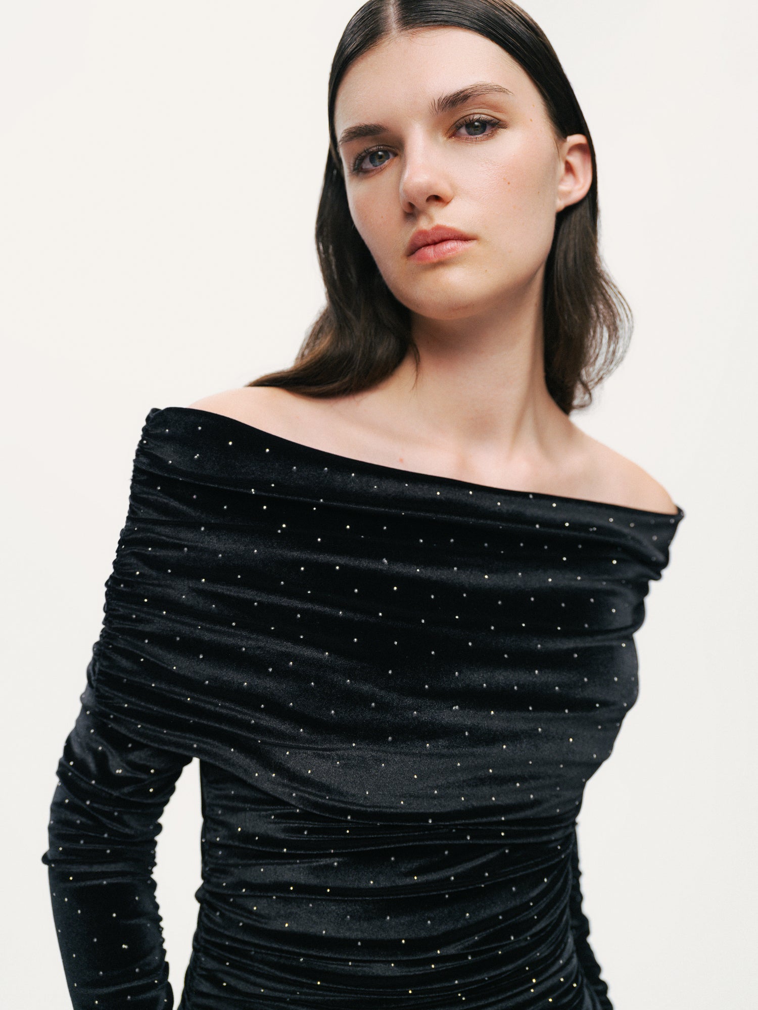 Off-Shoulder Velvet Maxi Dress with Rhinestone Detail