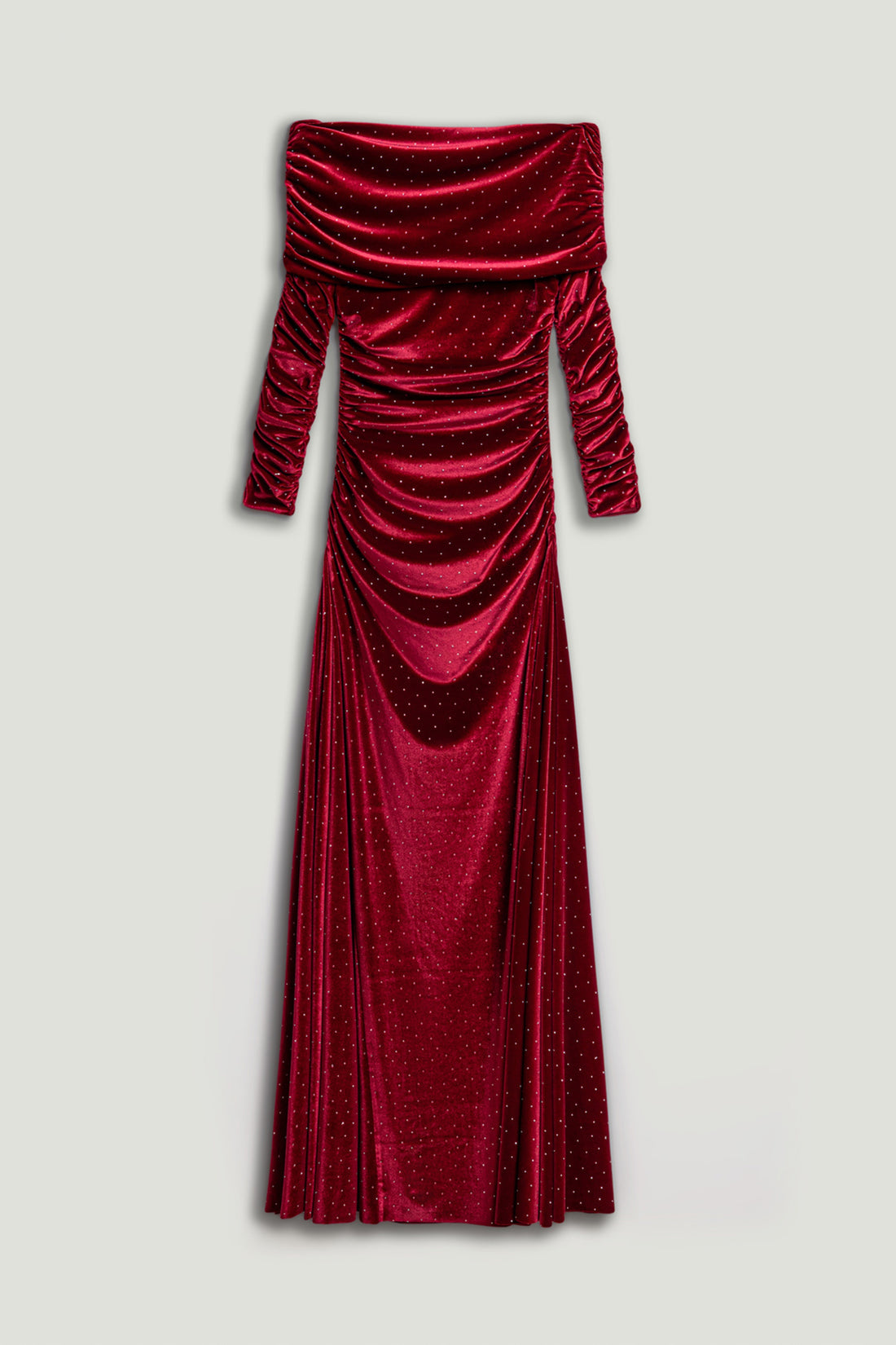 Off-Shoulder Velvet Maxi Dress with Rhinestone Detail