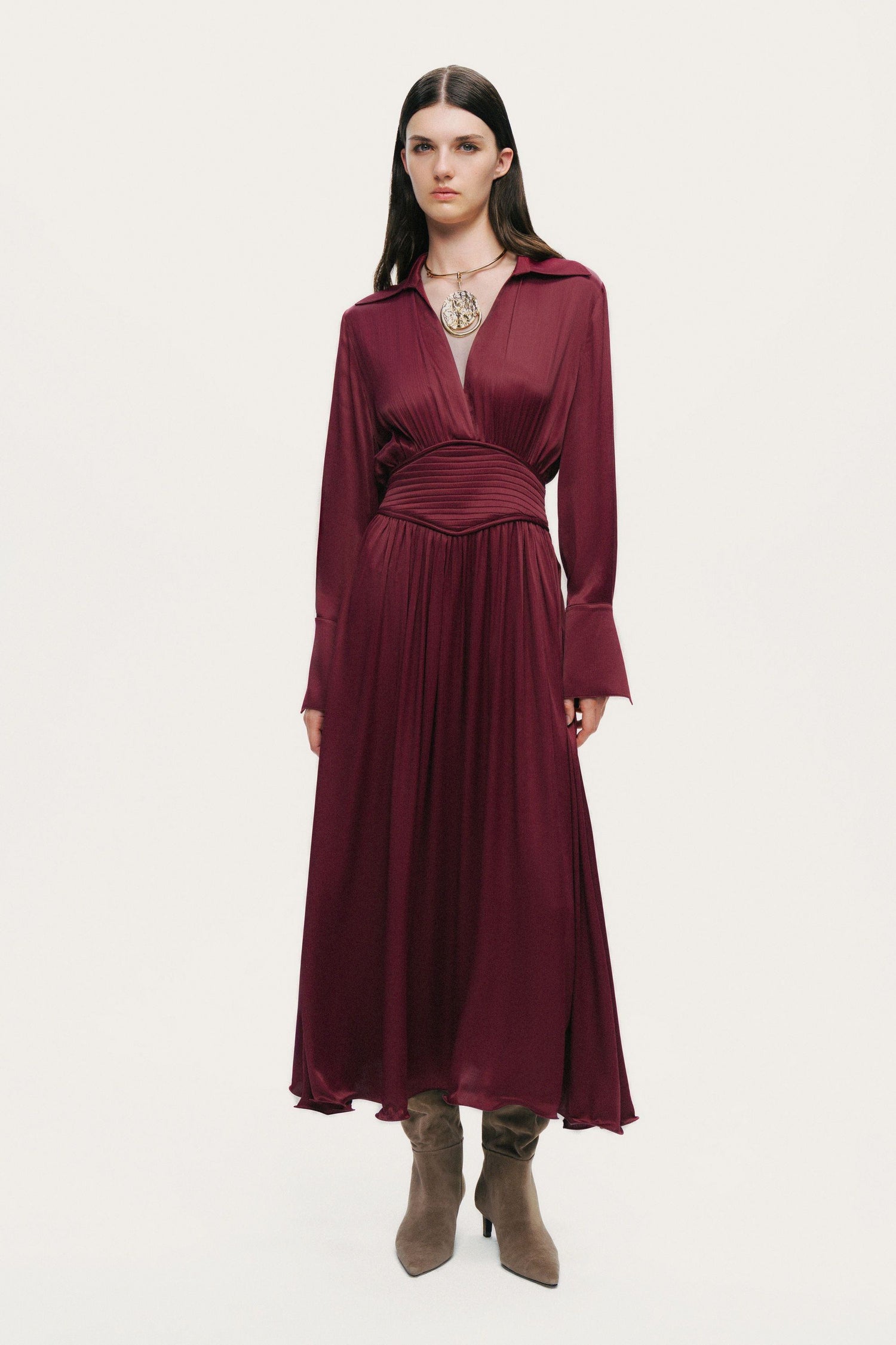 Plunging V-Neck Collared Midi Dress