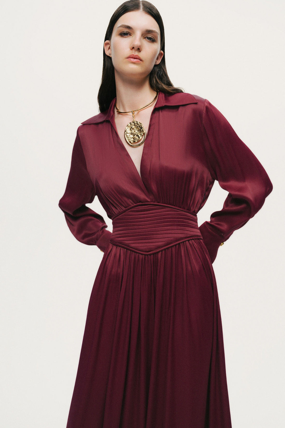 Plunging V-Neck Collared Midi Dress