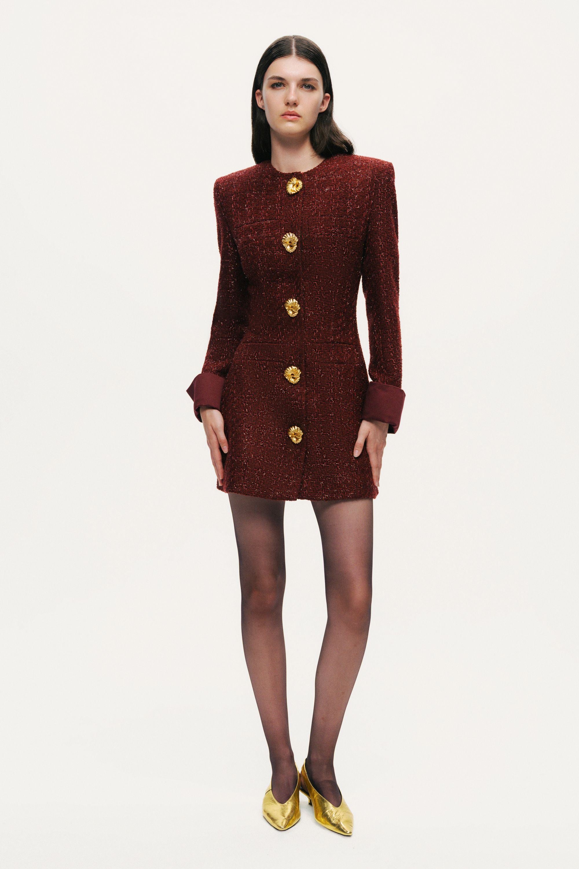 Gold-Button Bouclé Mini Dress
