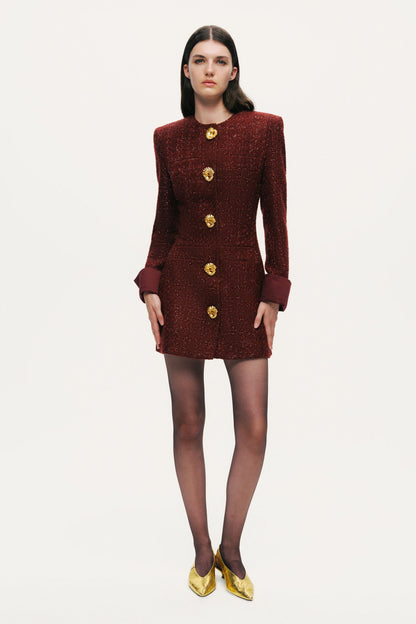 Gold-Button Bouclé Mini Dress
