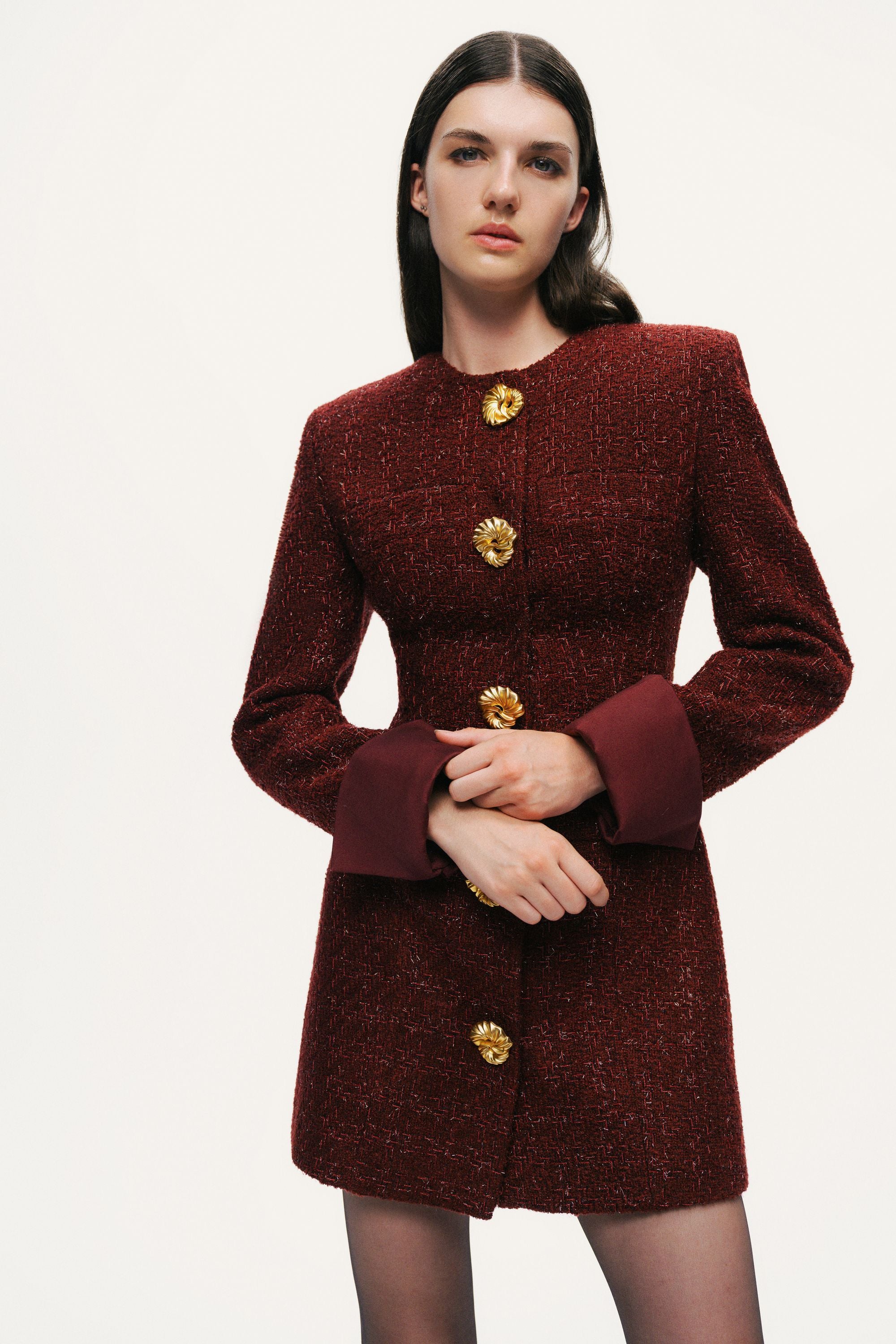 Gold-Button Bouclé Mini Dress