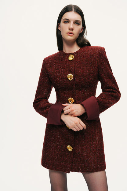 Gold-Button Bouclé Mini Dress