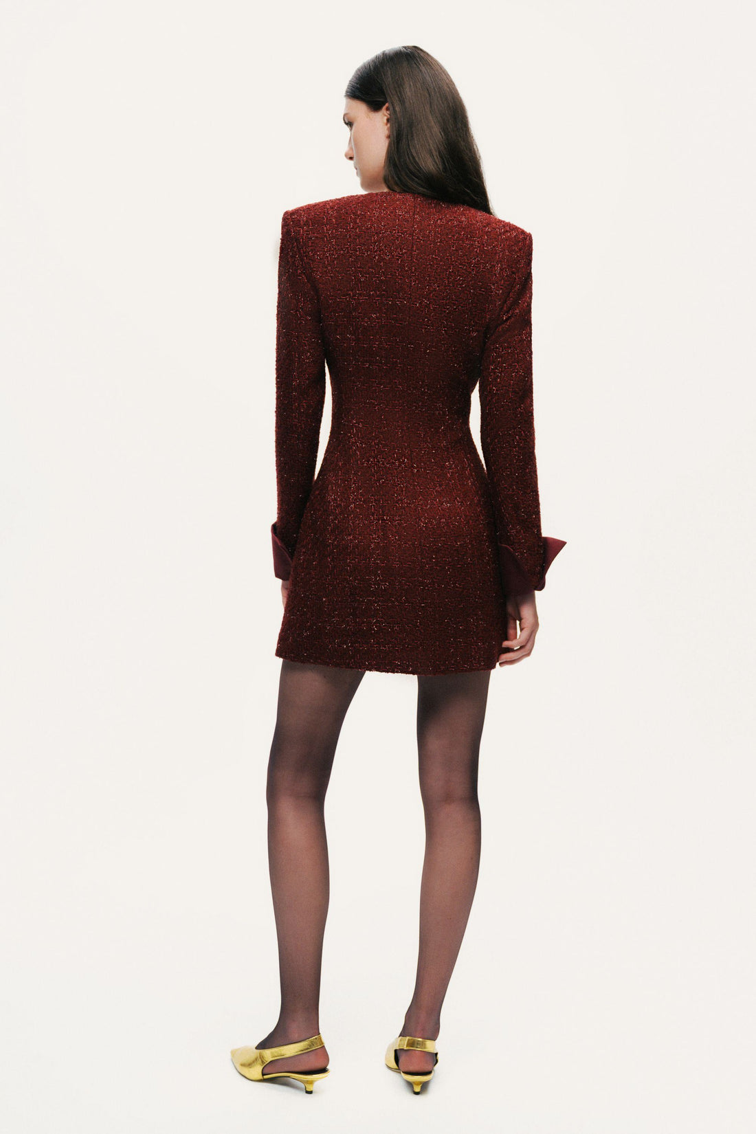 Gold-Button Bouclé Mini Dress