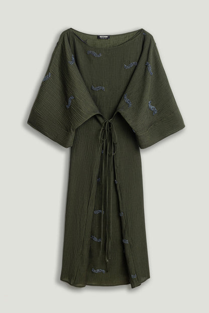 Embroidered Crinkle-Knit Kimono Maxi Dress