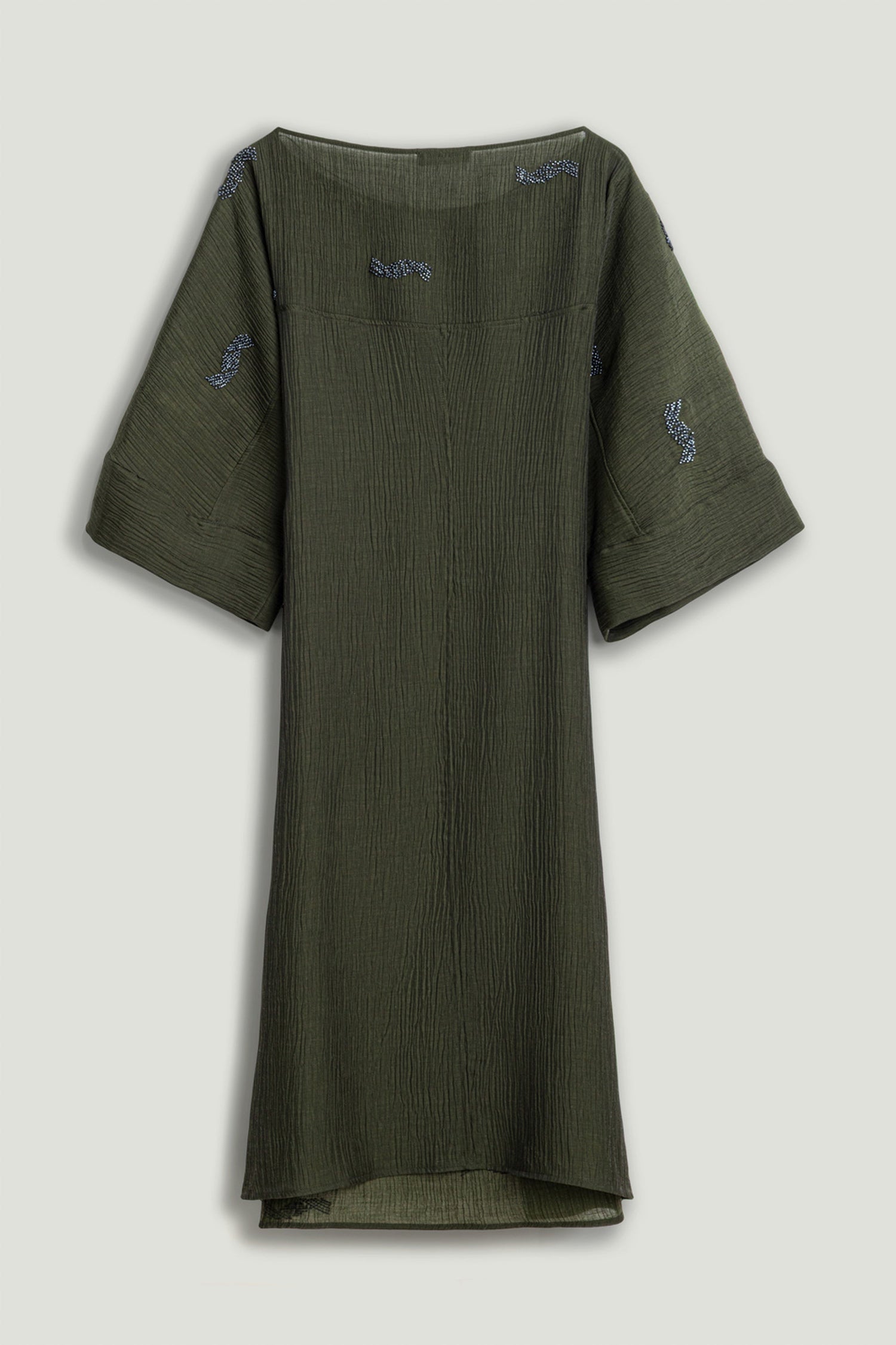 Embroidered Crinkle-Knit Kimono Maxi Dress