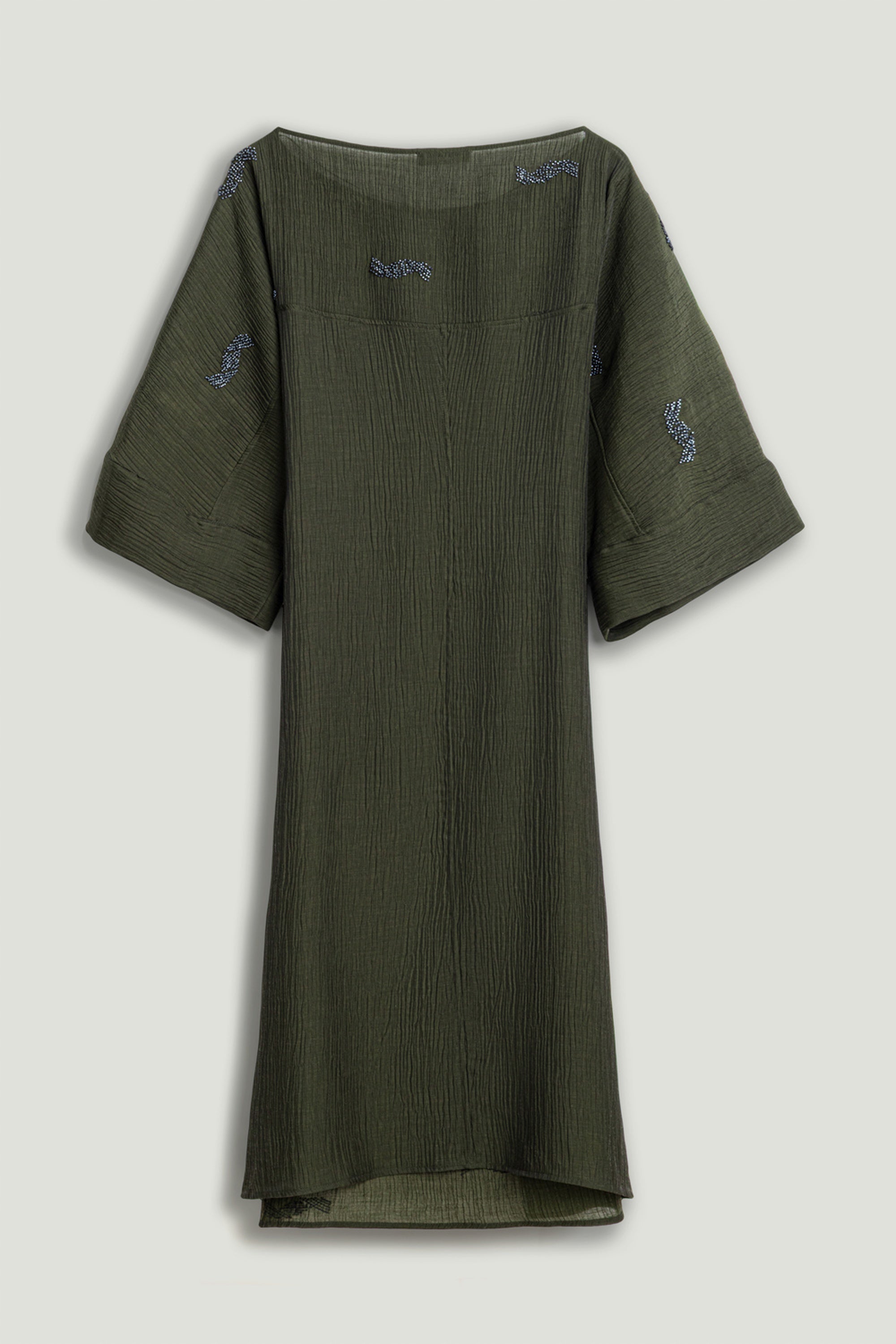 Embroidered Crinkle-Knit Kimono Maxi Dress