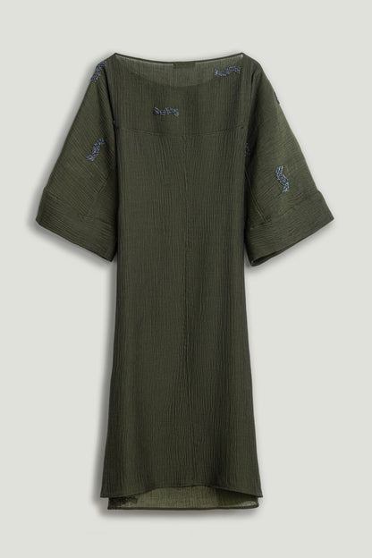 Embroidered Crinkle-Knit Kimono Maxi Dress