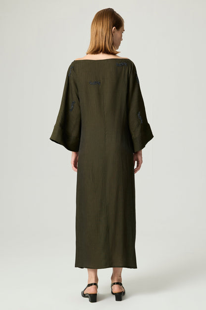 Embroidered Crinkle-Knit Kimono Maxi Dress