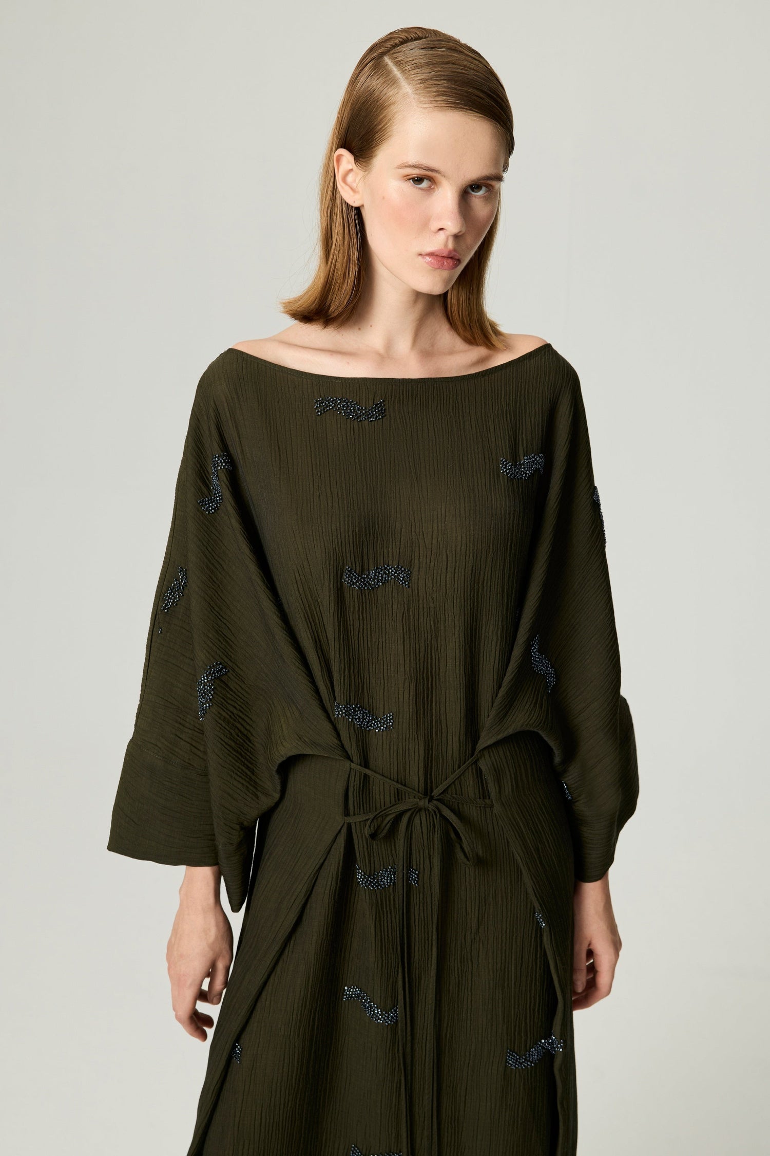 Embroidered Crinkle-Knit Kimono Maxi Dress