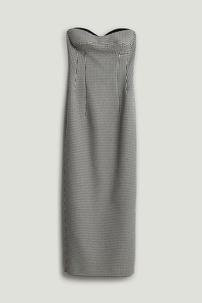 Sweetheart Neckline Strapless Checked Midi Dress