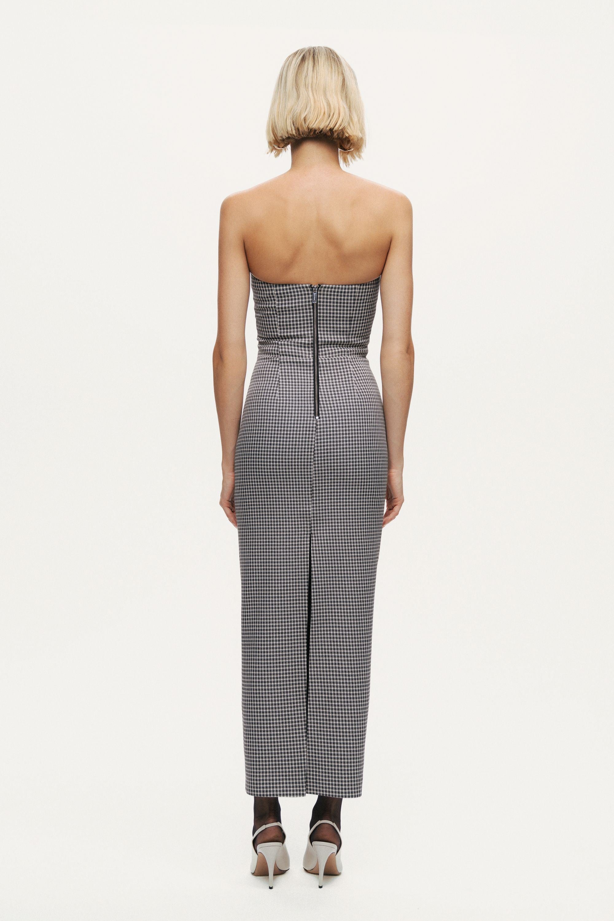 Sweetheart Neckline Strapless Checked Midi Dress