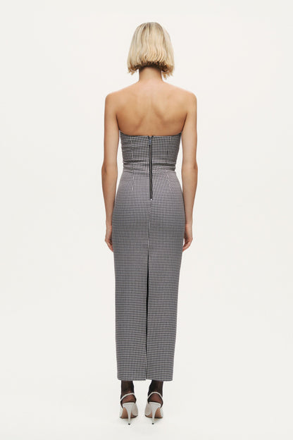 Sweetheart Neckline Strapless Checked Midi Dress