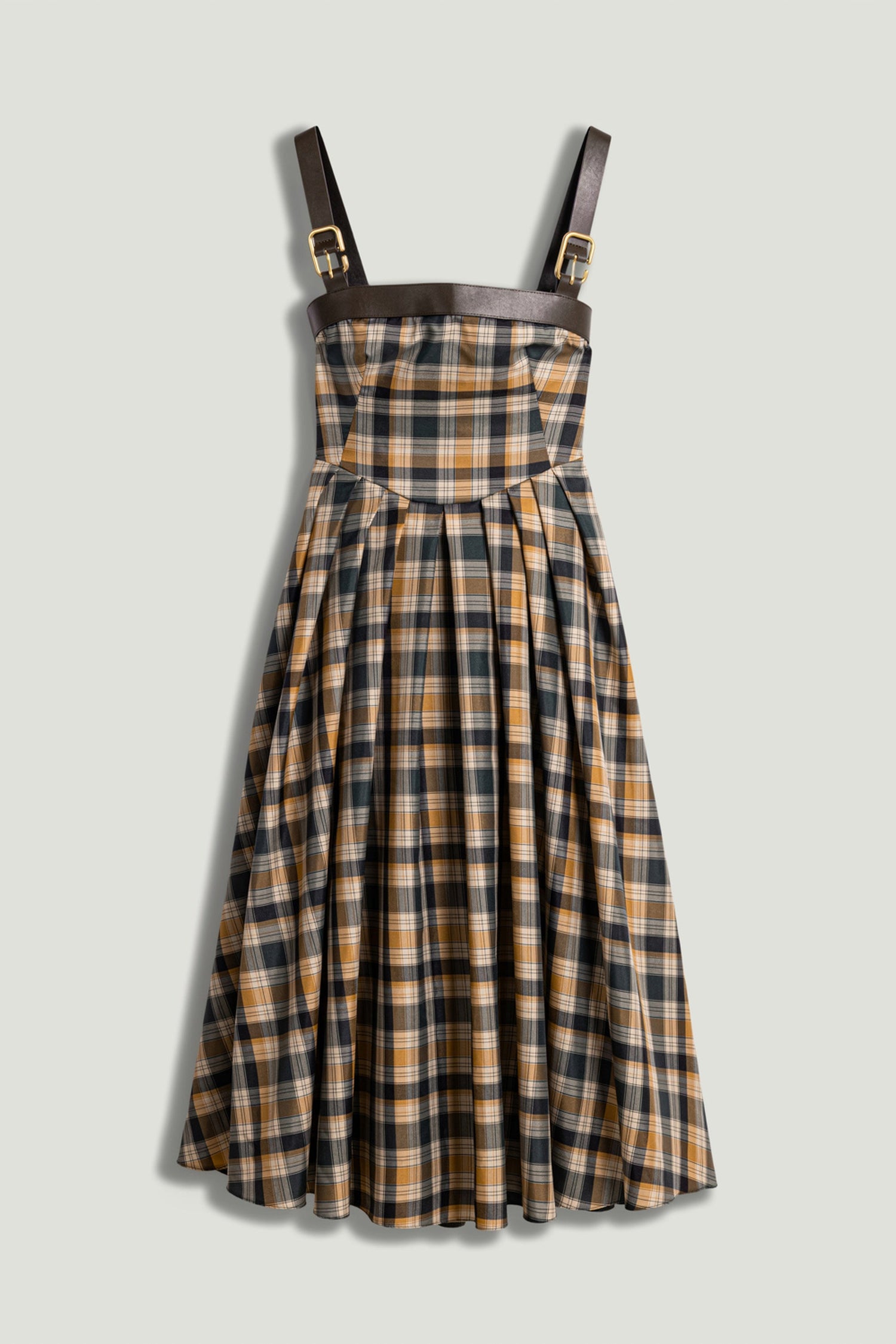 Plaid Pleated Maxi Dress with Faux Leather Belt