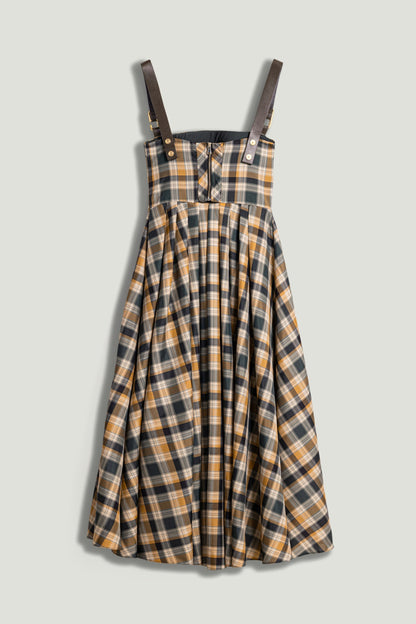 Plaid Pleated Maxi Dress with Faux Leather Belt