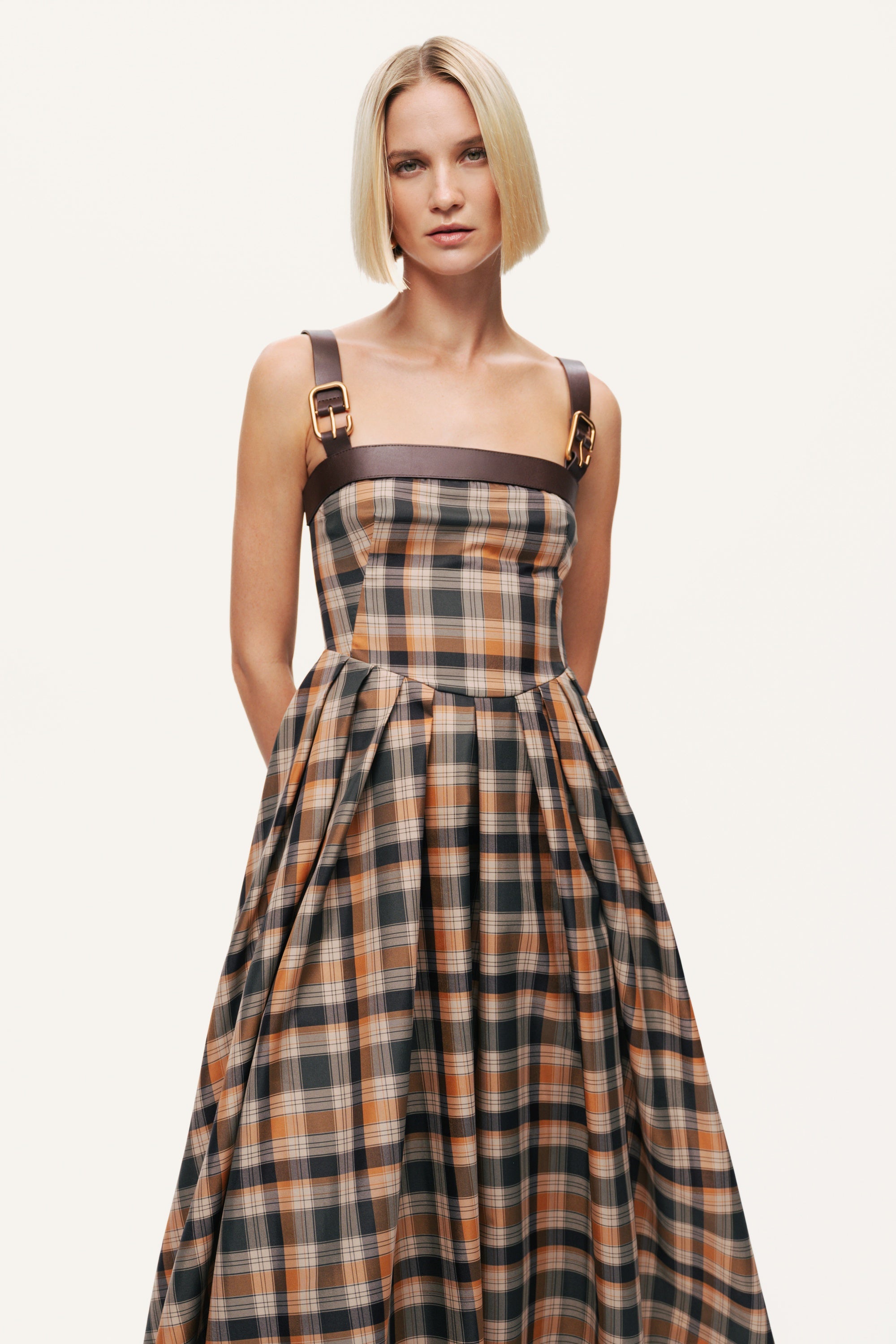 Plaid Pleated Maxi Dress with Faux Leather Belt – Nocturne