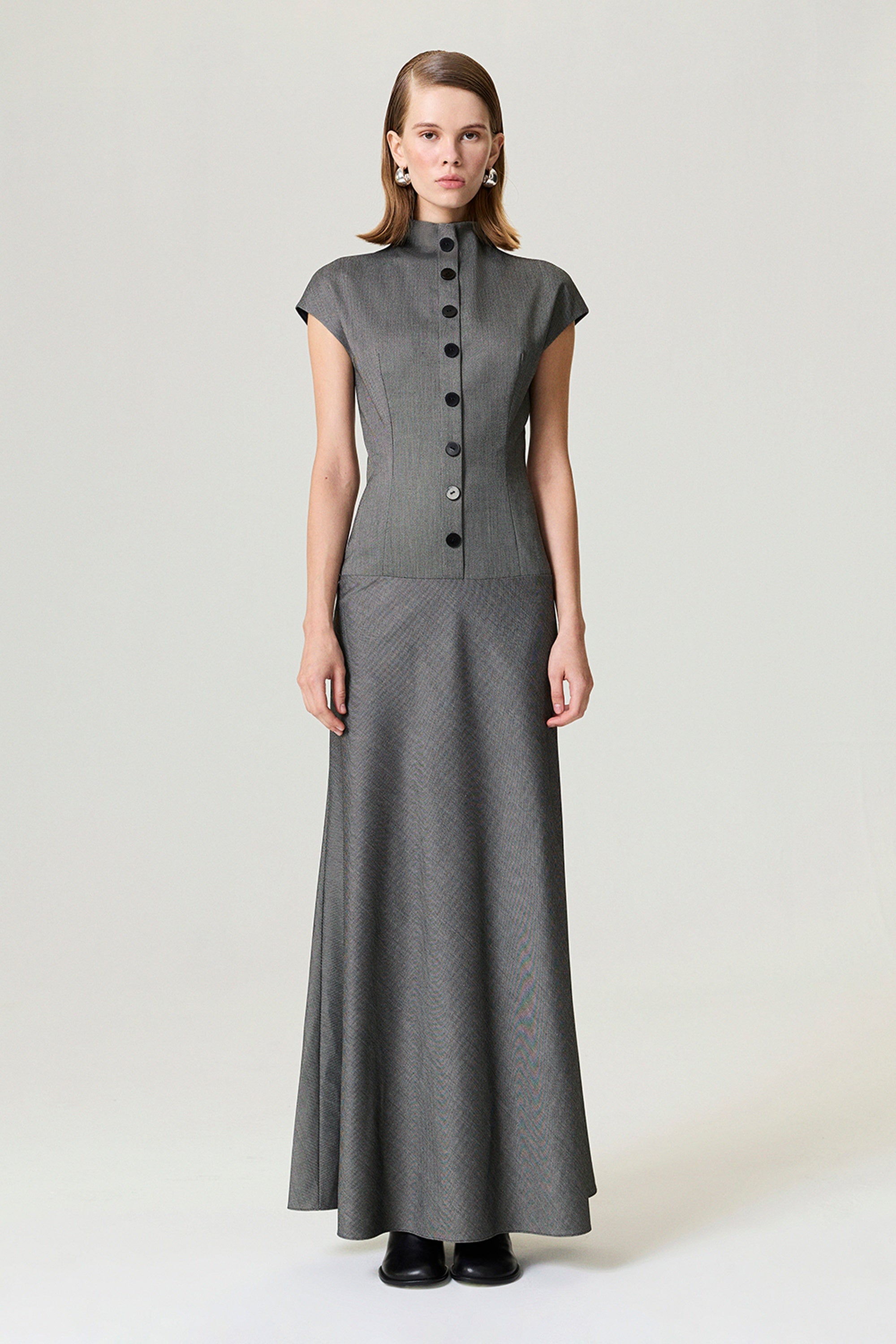 Button Accent High Neck Maxi Dress