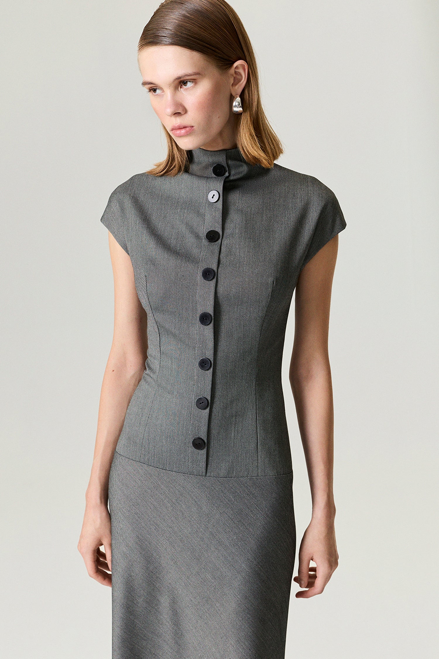 Button Accent High Neck Maxi Dress