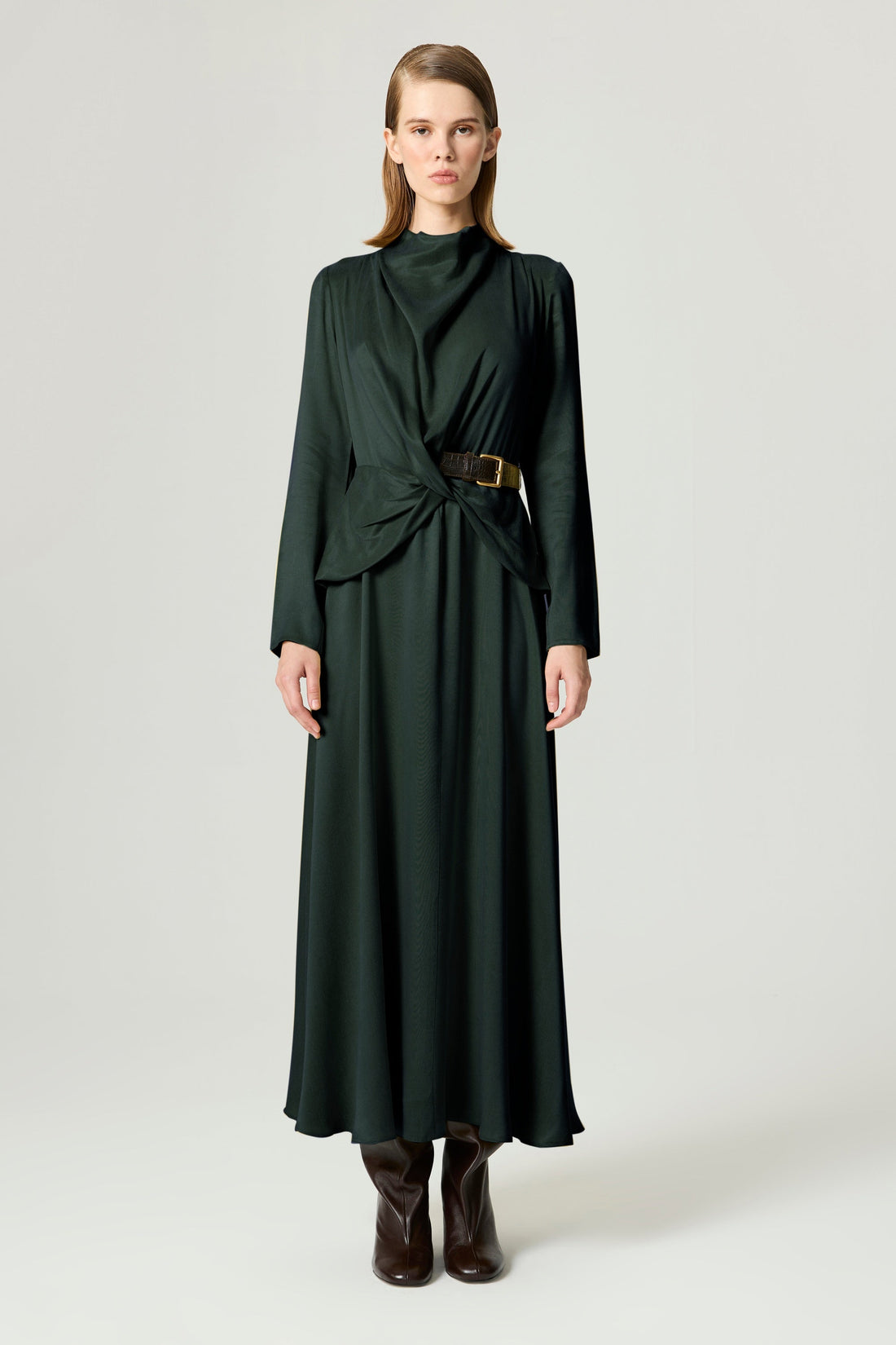 Draped Belted Long-Sleeve Maxi Dress