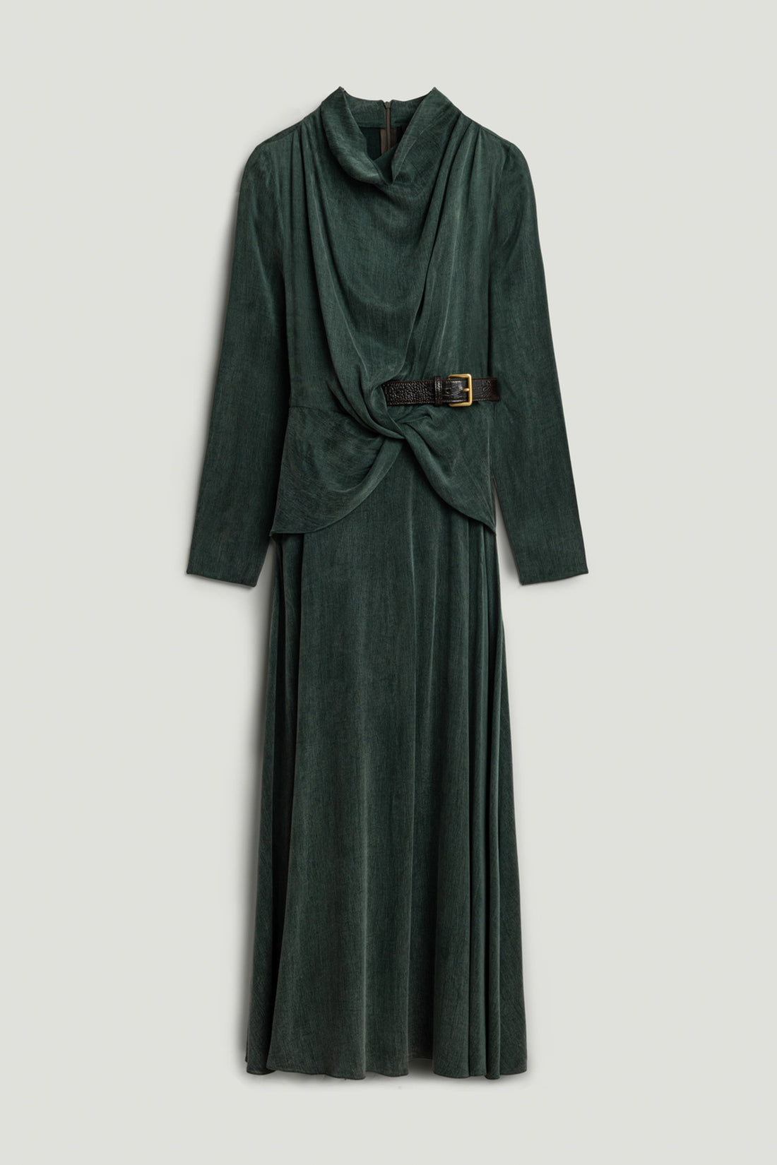 Draped Belted Long-Sleeve Maxi Dress