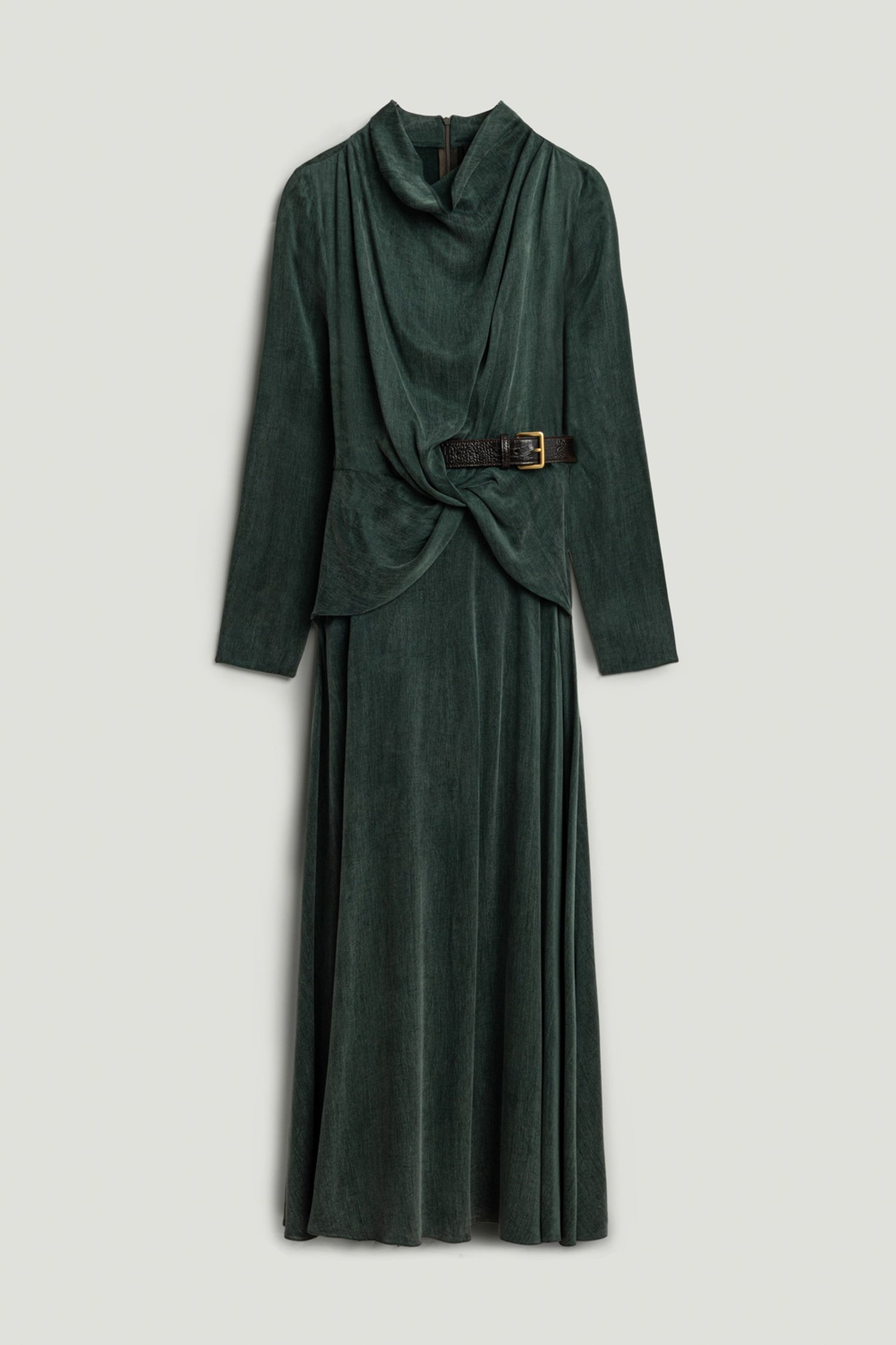Draped Belted Long-Sleeve Maxi Dress