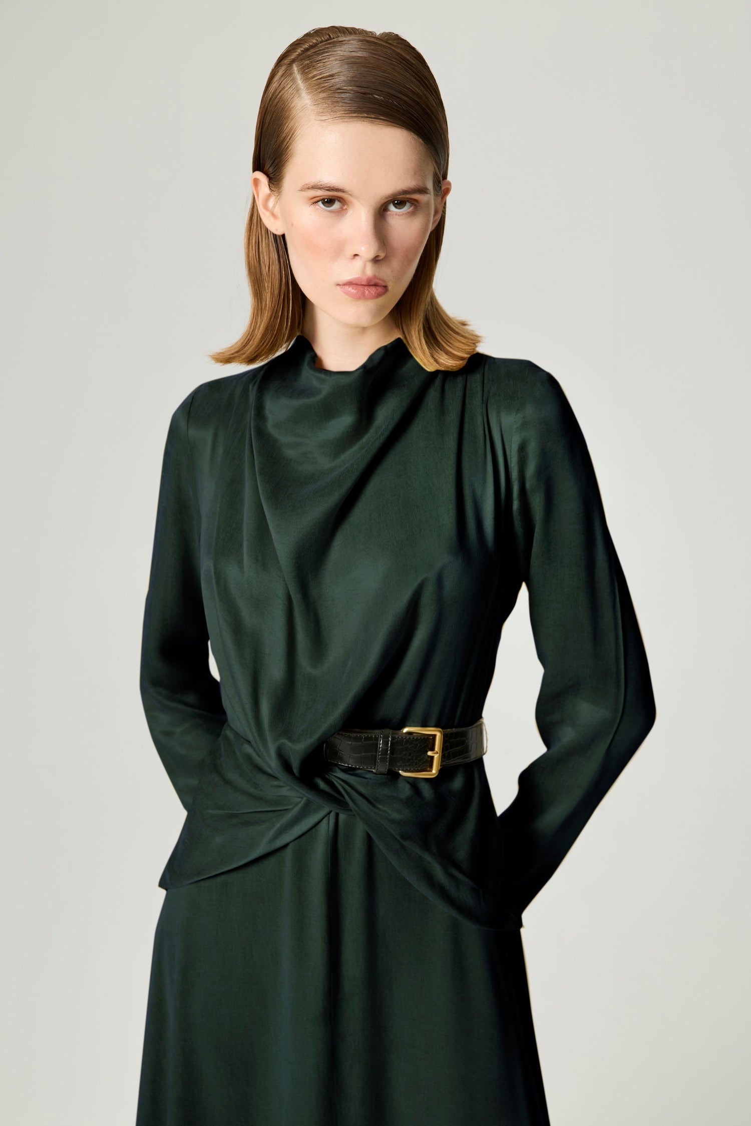 Draped Belted Long-Sleeve Maxi Dress