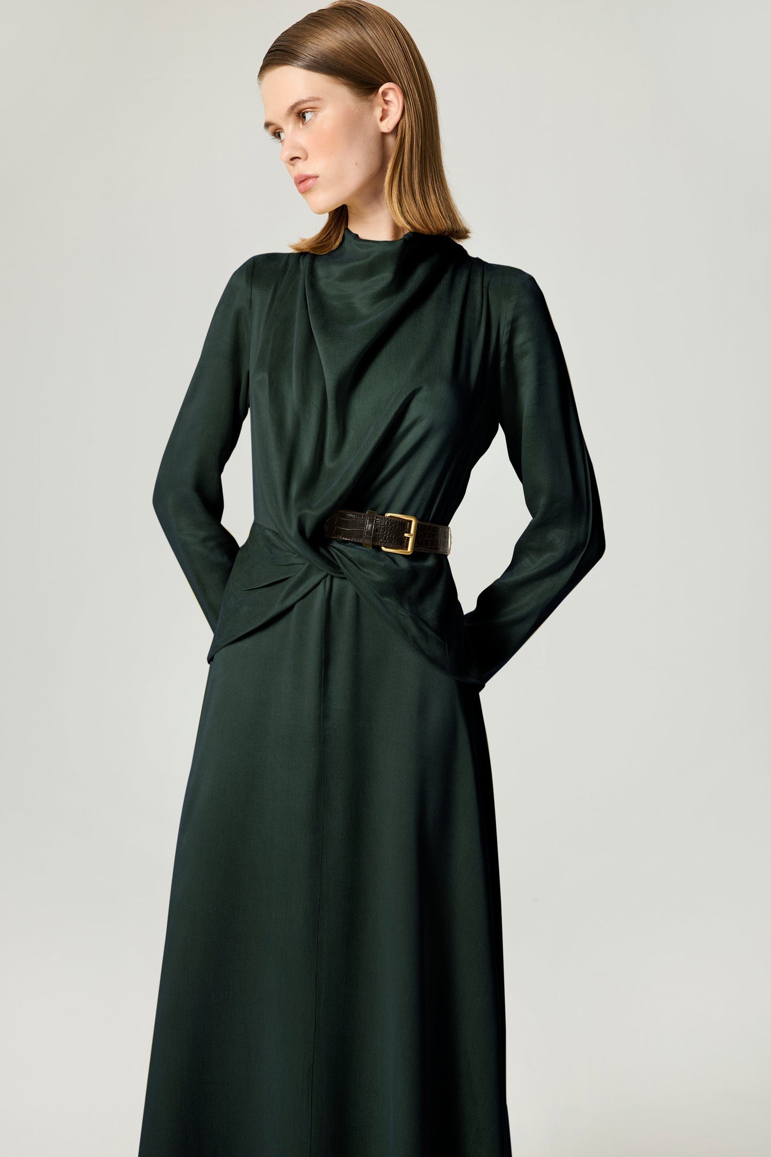 Draped Belted Long-Sleeve Maxi Dress