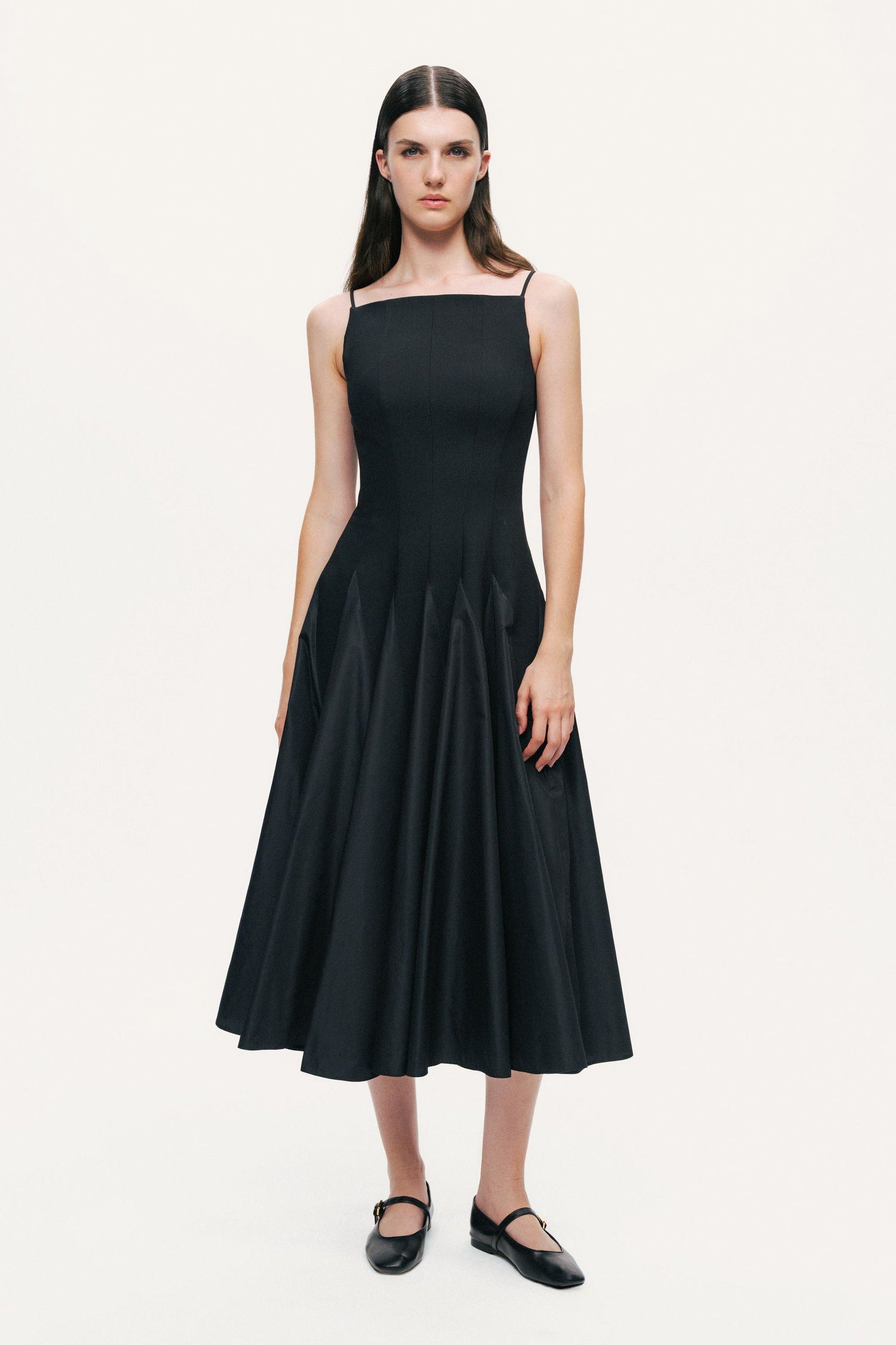 Square-Neck Pleated Midi Dress