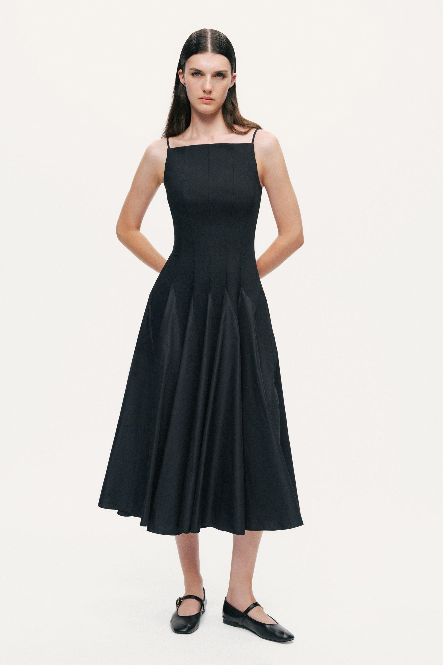 Square-Neck Pleated Midi Dress