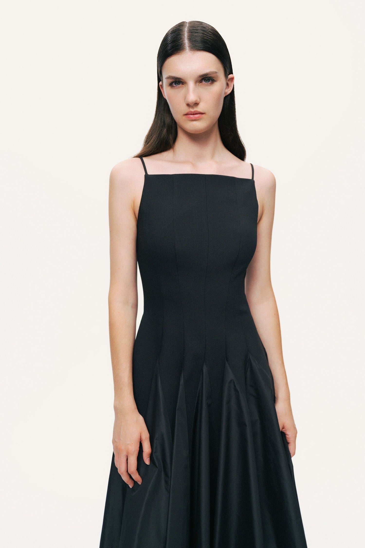 Square-Neck Pleated Midi Dress
