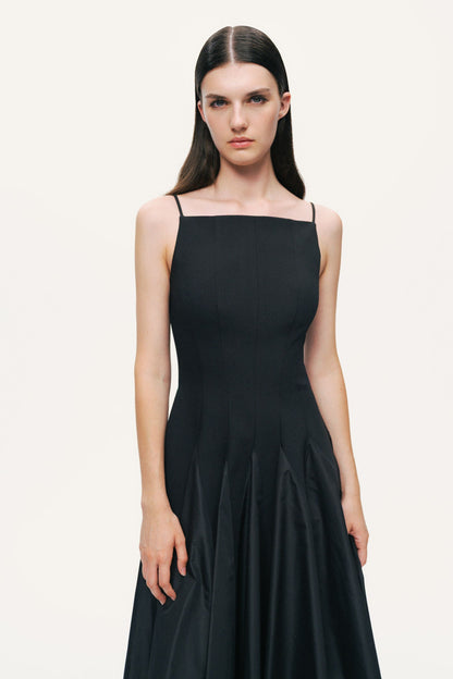 Square-Neck Pleated Midi Dress