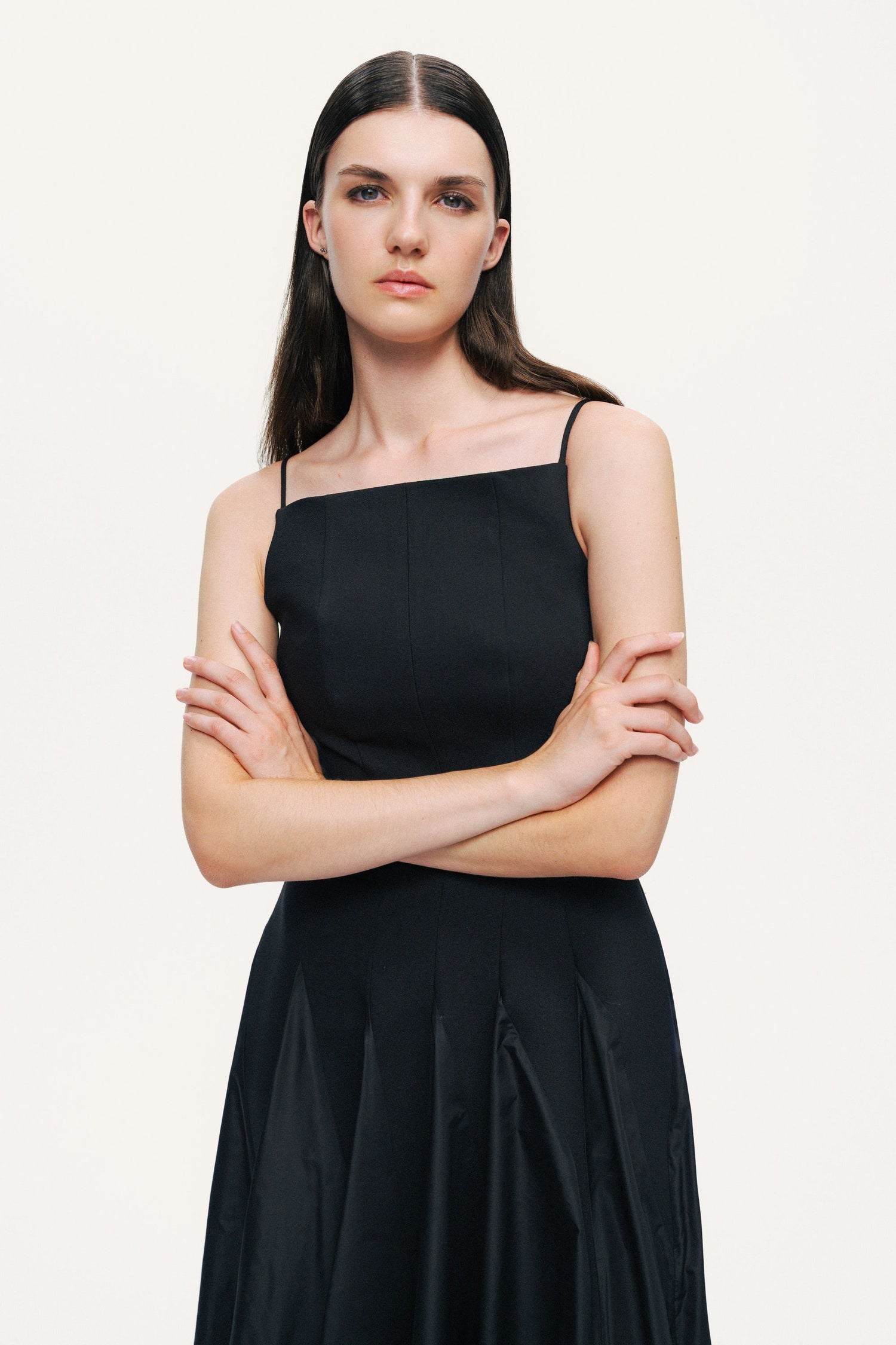 Square-Neck Pleated Midi Dress
