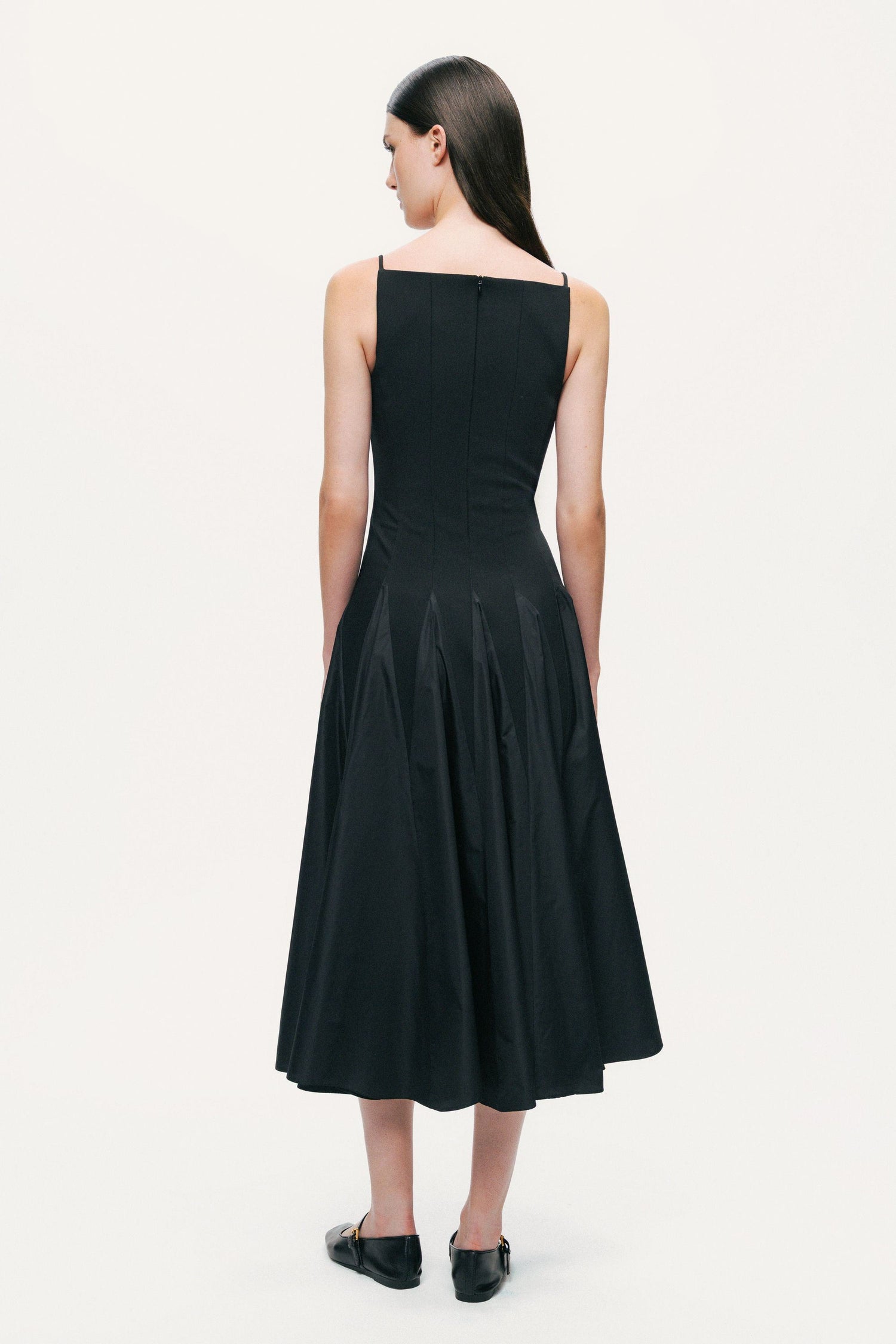 Square-Neck Pleated Midi Dress