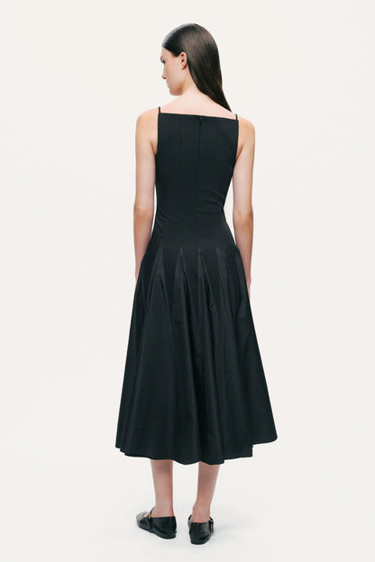 Square-Neck Pleated Midi Dress