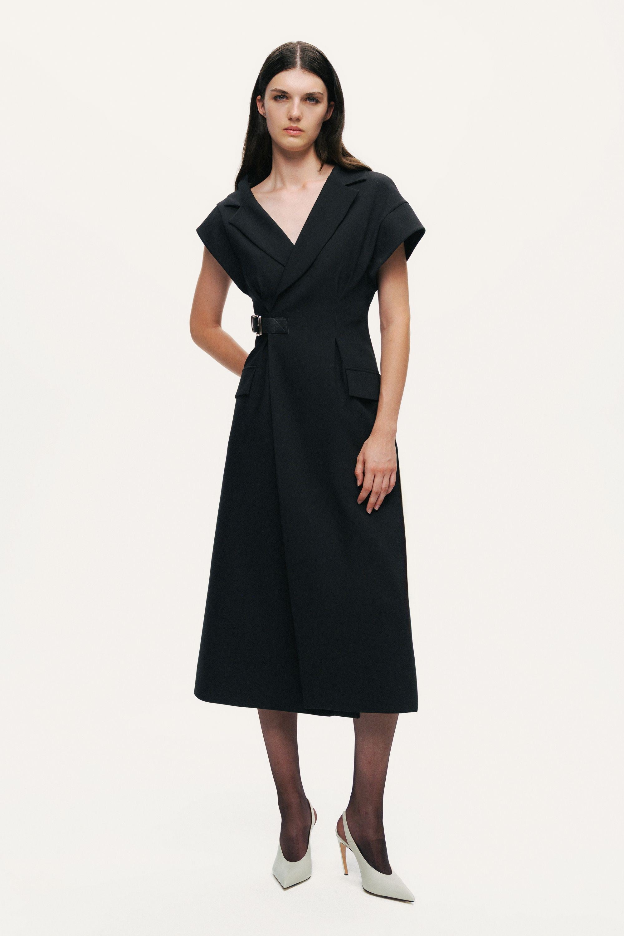 Tailored Buckle-Wrap Midi Dress